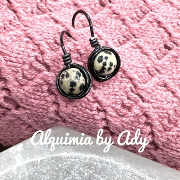 Dalmatian jasper black onyx dangle western earrings - Picture 1 of 4